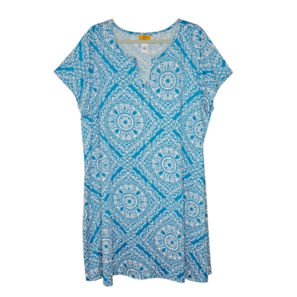 Ruby Rd. Turquoise Medallion Print Split Neck Sho… - image 1